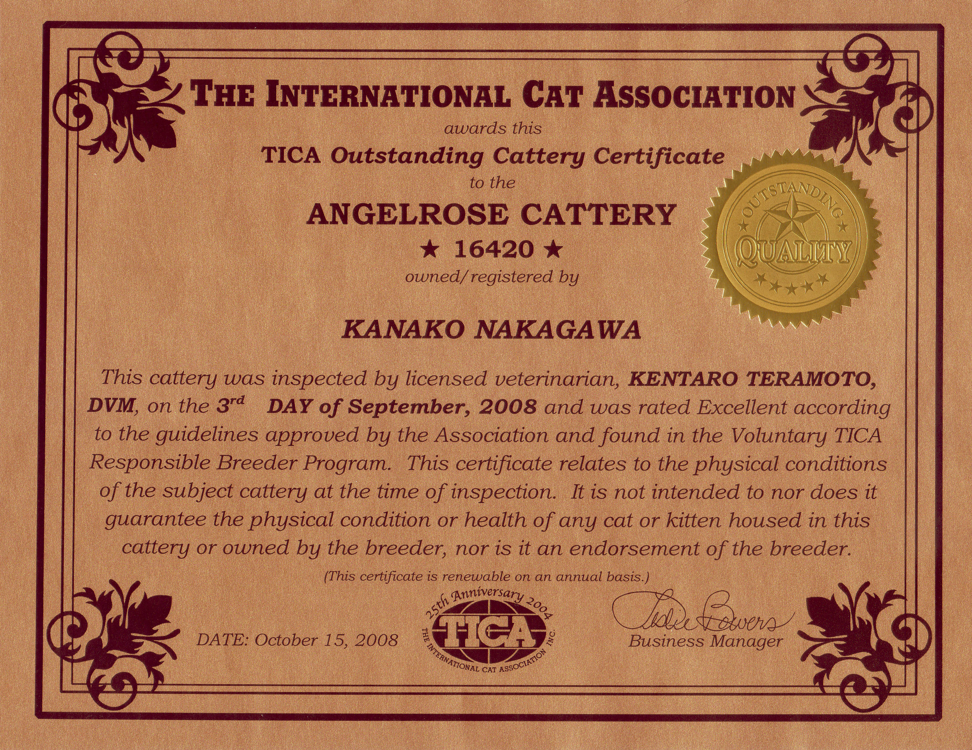 TICA Outstanding Cattery Certificate